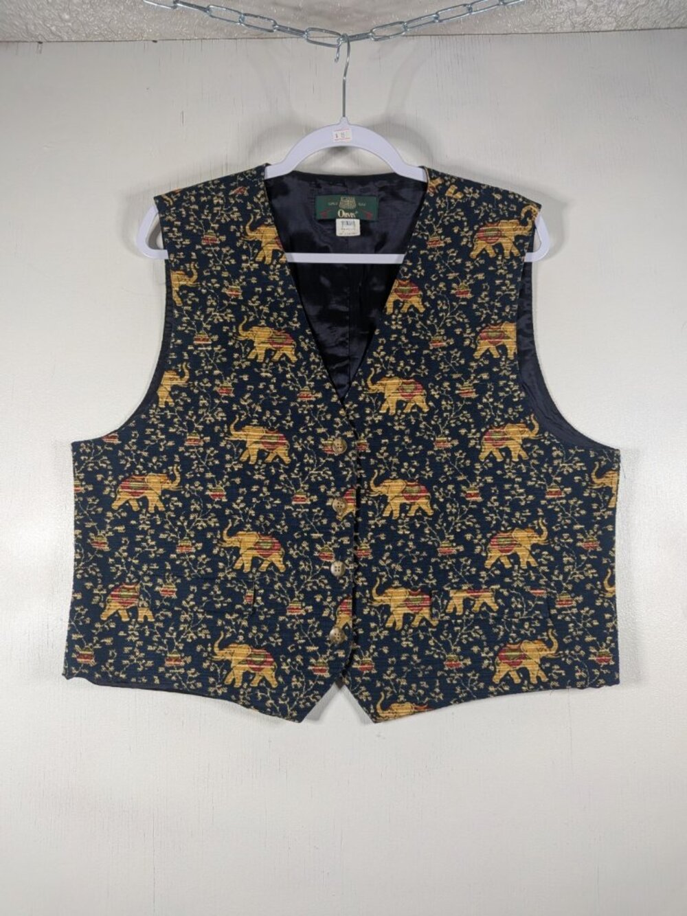 Vintage Orvis Elephant Tapestry Vest Womens L Brocade Button Front USA